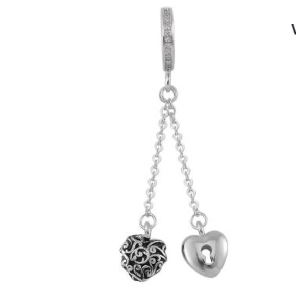 Simulated Diamond Heart to Heart Charm/Pendant in Rhodium Over Sterling Silver - Picture 1 of 5